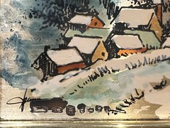 Italian Vintage 70’s Silver Etching Winter Village Scene Velvet Framed Signed