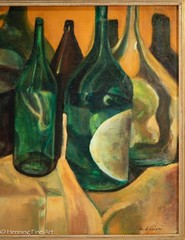 Beautiful Vintage Oil Painting of Green Bottles Still Life Signed L Lucioni