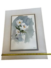 Vtg Original Watercolor Painting White Peony Vase Singed SNCORTT ‘87 19.5”x15.5”