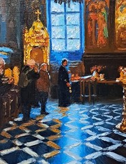 Orthodox Church Interior – Original Oil Painting 30×21 cm | Religious Art