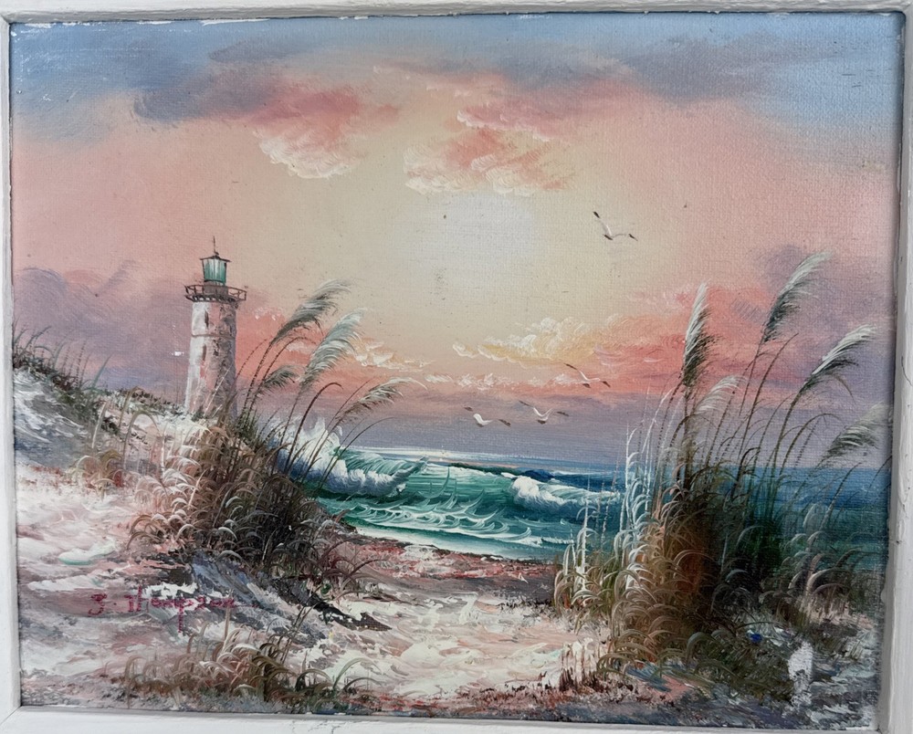 Seascape Ocean Lighthouse Painting Nautical Frame Signed J Thompson 9.5” x 7.5”