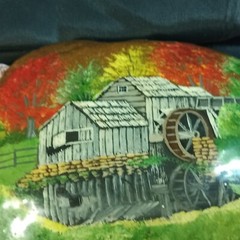 HAND PAINTED & SIGNED ROCK FALL SCENE & WATER MILL ARTIST SHELLACED