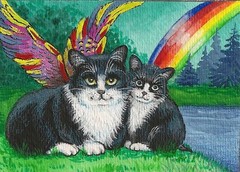 5×7 PRINT OF PAINTING RYTA TUXEDO CAT KITTEN RAINBOW BRIDGE ANGEL folk art magic