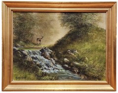 Richard Weers, Friend in the Forest, Vintage Oil on Canvas, Deer in Landscape