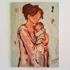 Mother with Baby Painting Original Oil Art Modern Semi Abstract Decor Artwork