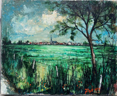 Oil painting undetermined sign. Landscape with lush green meadow with village