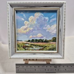 original autographed oil painting framed. Summer landscape. Clouds.4x4in.