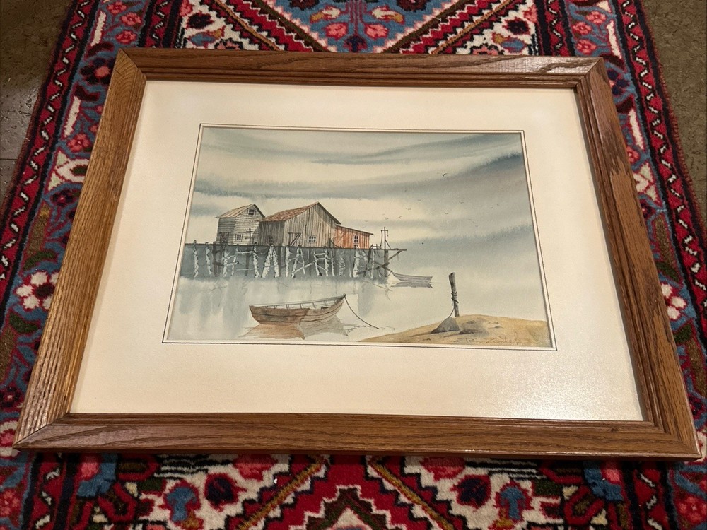Original Tom Zientek Watercolor Painting Harbor Scene Boats Tied Up Shacks