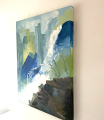 Vintage Modernist Abstract Painting 24×30″ Waterfall Landscape signed
