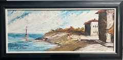 HOMER COSTELLO (1899-1977) PALLET KNIIFE OIL ON BOARD MID CENTURY COASTAL SCENE