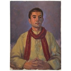 Vintage Realist Portrait Of Young Man With Red Scarf (Oil On Canvas Paper)
