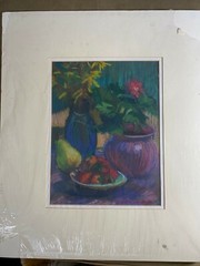 Edith Prudente „Still Life With Fruits & Flowers Scene“ Pastel Painting – Signed