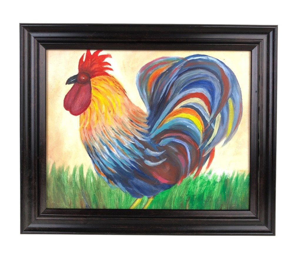 Barbara Bardin Signed Original Colorful Painting of Rooster Chicken 12 x 10″