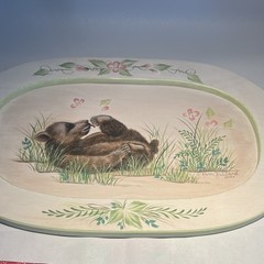 Hand-Painted Oval Wood wall Board 14.5” Bear Cub & Floral, Hanging Hole