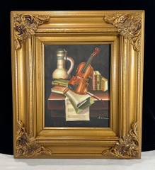 Vtg Oil Painting Still Life Books Violin Canvas, Ornate Gold Frame 15×17” Signed