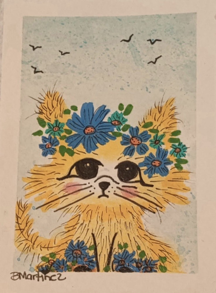 aceo original painting Cat With Flowers “Just Hold On”