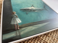 Lauren Pretorius Girl With Shark original oil painting on wood, 16” x 16”