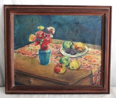 LG IMPRESSIONIST OIL PAINTING FLORAL RED ROSES STILL LIFE FOLK ART SIGNED FRAME