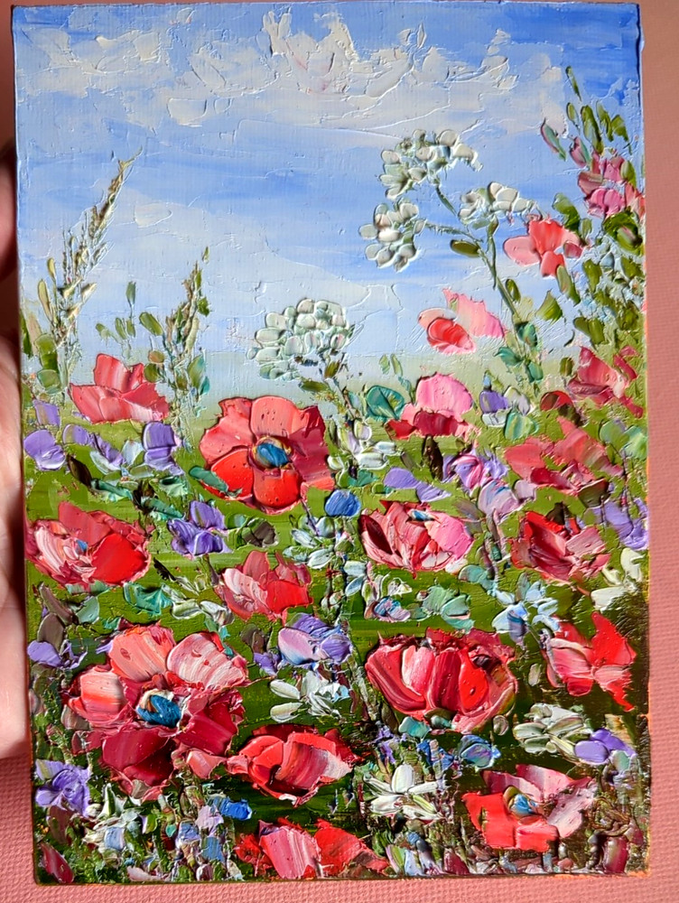 Red Poppies ORIGINAL OIL Painting , impasto 7″x5″ by Olga Diduh.