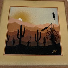 Vintage Sand Painting On Board Signed Sunset