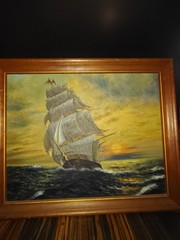Framed Oil Canvas Painting Sailboat Seascape Impasto VTG original sunset art