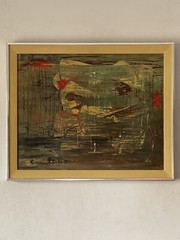 ANTIQUE MID CENTURY MODERN ABSTRACT OIL PAINTING OLD VINTAGE SIGNED 1957