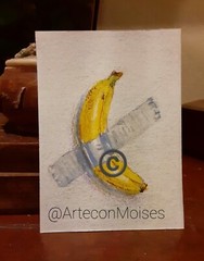 ACEO CARD TAPED BANANA ON THE WALL WATERCOLOR ART ORIGiNAL Yellow Taped Banana