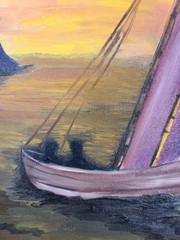 Vintage MCM Sailboat Oil Painting Sunset Seascape Signed Nautical Antique Art