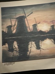 Windmills with sunset reflecting in water print, 8 X 6.5, 11.75 X 8.25 on mat