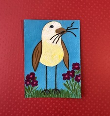 ACEO Original Acrylic Bird Painting 2.5 X 3.5”. ~ Twigs & Blossoms