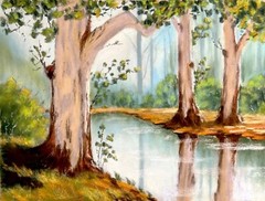 Original Soft Pastel Landscape Autumn Trees & Forest River Reflection 32.5x25cm
