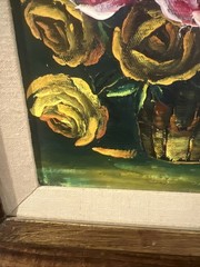 Oil painting bouquet of pink and yellow roses vase Signed