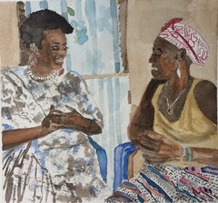 GHANA, WOMEN IN / ORGINAL WATERCOLOR / 9″ X 12″ / MIMI DAVIS, ARTIST