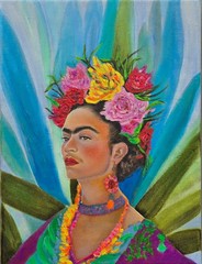 Colorful Frida Kahlo in Nature Bohemian Realism Portrait Blue Small Artwork