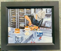 Art Cake Bake Shop Painting Bakery Scene Cafe Chef Original 15×19 Framed Gray