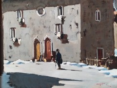 Snowfall in an Old Italian Village Winter Landscape Vintage Oil Painting signed