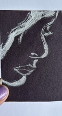 Original ACEO Female Portrait White Acrylic Miniature Art On Black Paper OOAK