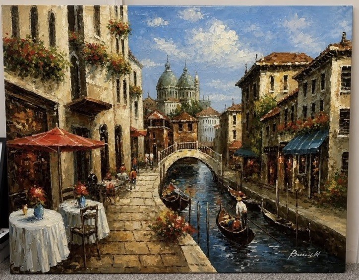36” x 48” Oil Painting of Venetian Canal Scene Signed Burnett