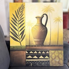 Abstract Botanical Palm Trees & Vase Framed Vertical Canvas Print Repro