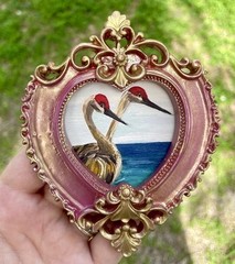 Sandhill Crane birds seascape print in mini vintage style heart shaped frame