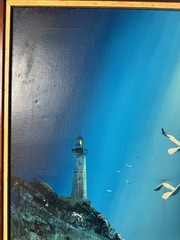 Large Philip Sadee „Seaside With Lighthouse Gulls“ Oil Painting – Signed/Framed