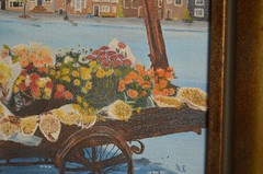Vintage Art Painting Bicycle Pedal Flower Cart Town Square City Village Framed