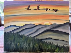 Original oil painting 11 x 14 inches blue ridge mountains with geese at sunset