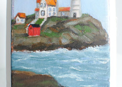 Oil on Canvas Lighthouse on the Ocean by Herbert Crooks Sealed 6.75 x 4.75 in
