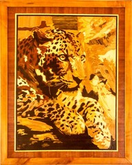Leopard safari africa wood mosaic portrait eco inlay framed panel wall hanging