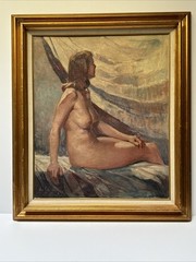 HOWARD SCHULER PAINTING NUDE WOMAN FEMALE MODEL MID CENTURY LISTED OIL ANTIQUE