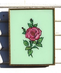 Foil Art Reverse Painted Picture Green Pink FlowerFloral Rose Framed