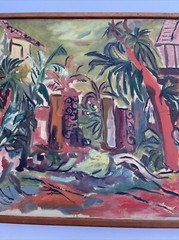 LARGE PAINTING MID CENTURY LANDSCAPE COASTAL TROPICAL PALMS MODERNIST MYSTERY