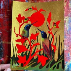 Original Hummingbird painting Art Gold Red Birds Unique gift surreal Artettina