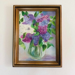Original Oil Painting Lilac Flowers Still Life Vertical Framed 18.3×14.2 in